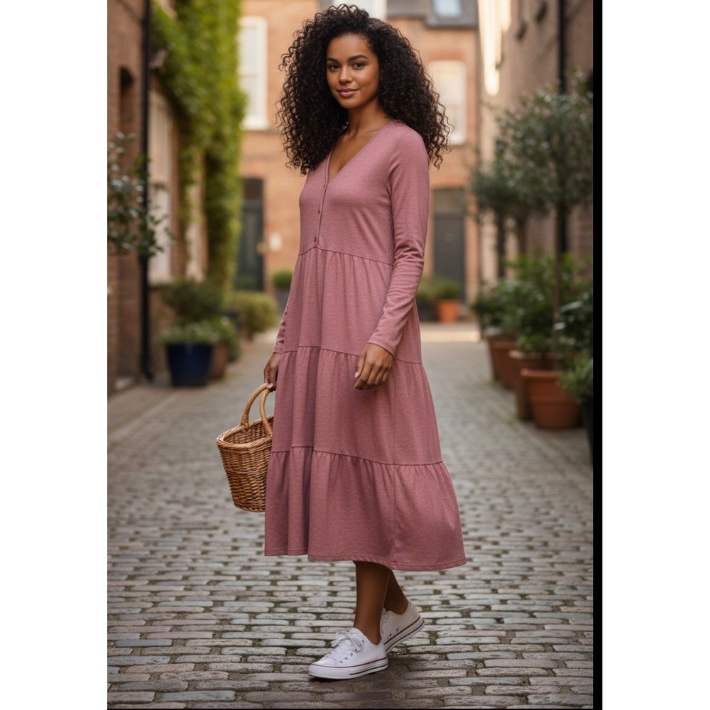 Dokotoo Mauve Pink Long Sleeve Tiered Button V-Neck Midi Dress Medium New